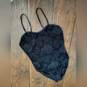 Vintage 80s De La Rose iridescent roses black bodysuit Size S